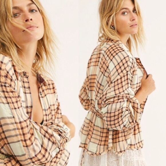 We The Free Peach Tree Beige Plaid Flannel Top - Picture 3 of 9